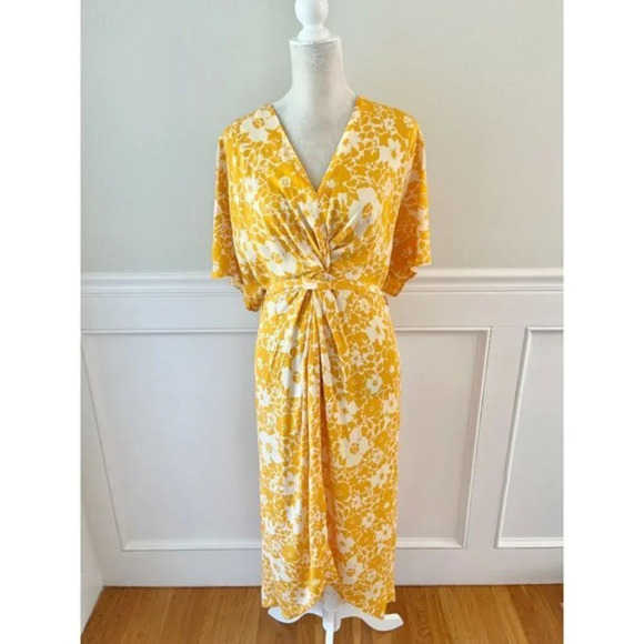 Alma Deia Yellow Print Twist Front Midi Dress NWT 38 M - Picture 4 of 12